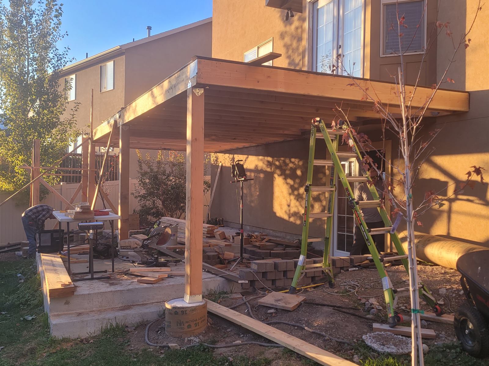 Post and beam framing for an elevated deck under construction